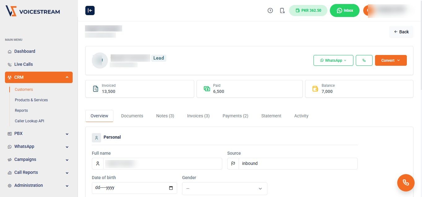 VoiceStream CRM customer record with invoiced, paid and balance figures and WhatsApp and call actions