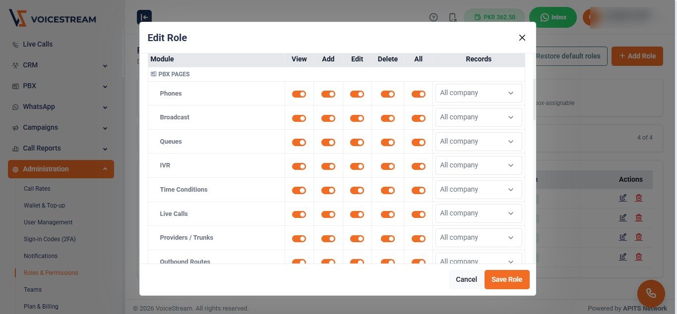 VoiceStream role editor with per-module view, add, edit and delete permissions