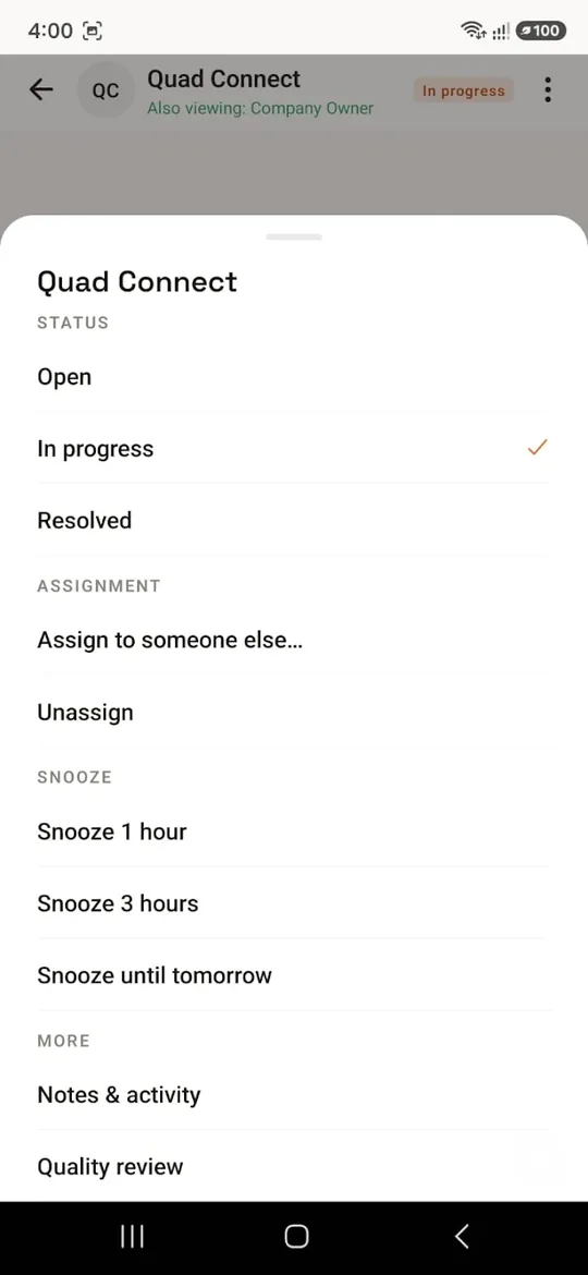 VoiceStream Android app conversation actions sheet with status, assignment and snooze options