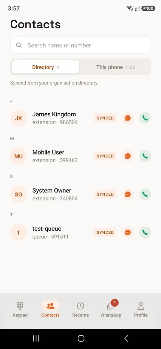 VoiceStream Android app contacts screen with the synced company directory